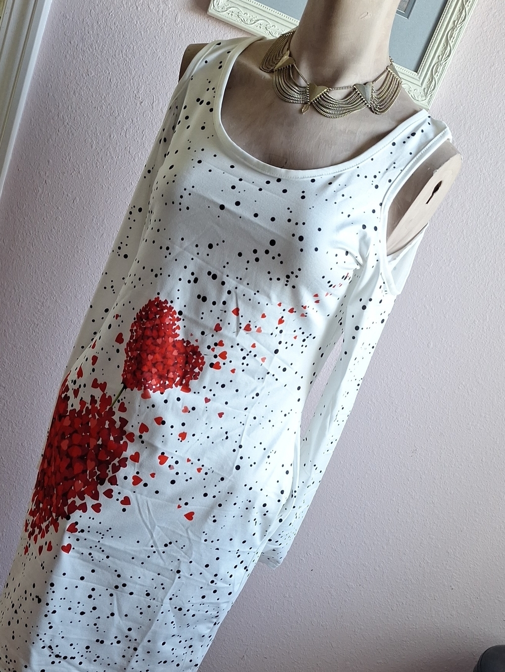 White Cold-Shoulder Tunic Dress with Red Heart Print